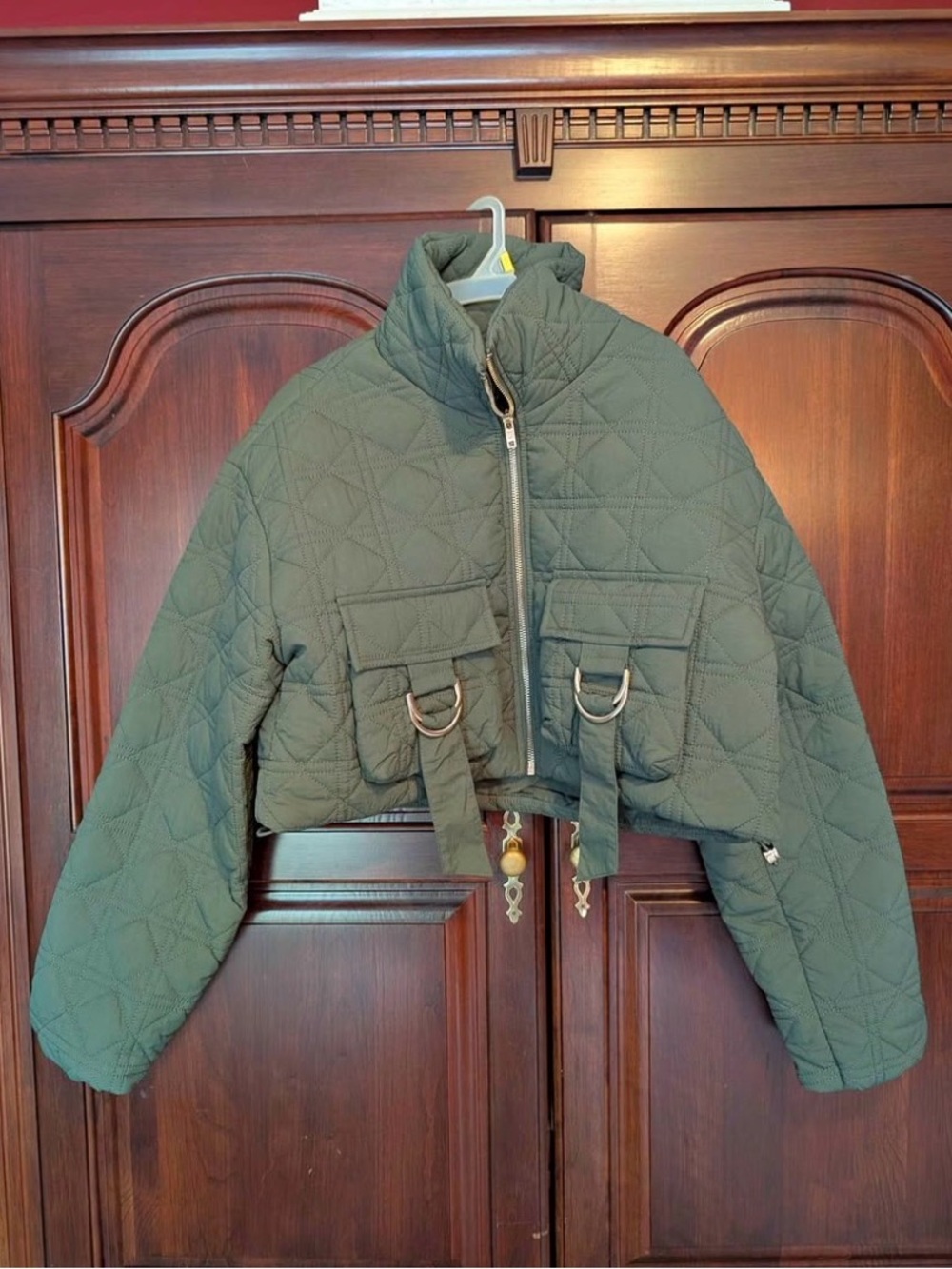 Quilted Cropped Jacket in Olive Green - Women's Jacket & Coat
